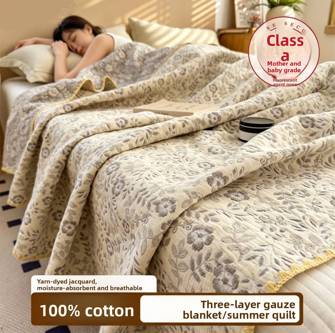 Muslin Cotton Bedspread - 100% Cotton Muslin Blanket Breathable 3-Layer