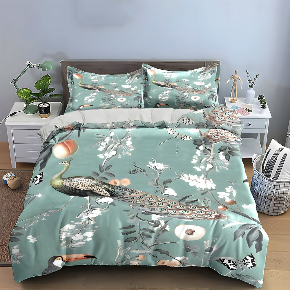 3PC Peacock Toucan Floral Bedd - Aesthetic Floral Duvet Cover review and price