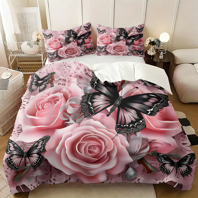 Pink Rose Black Butterfly Prin - Aesthetic Floral Duvet Cover review and price
