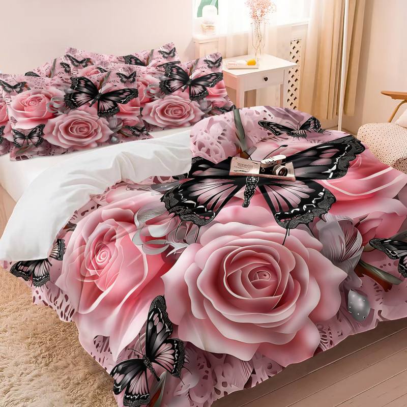 Pink Rose Black Butterfly Prin - Aesthetic Floral Duvet Cover review and price