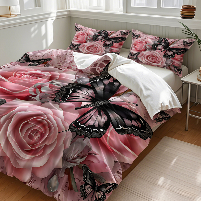 Pink Rose Black Butterfly Prin - Aesthetic Floral Duvet Cover review and price