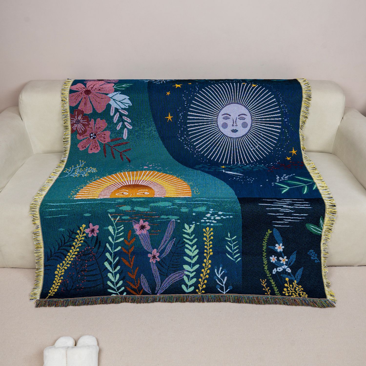 Celestial Sun Moon Woven Tapes - Boho Throw Blanket Fringe review and price
