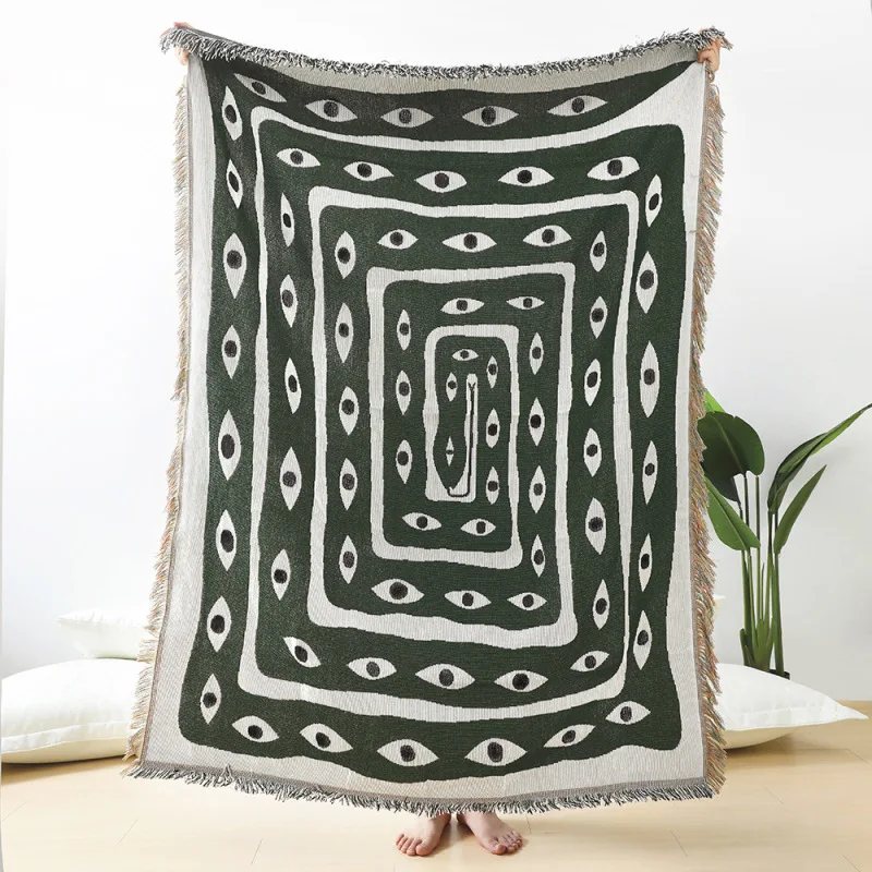 Green White Evil Eye Jacquard  - Boho Throw Blanket Fringe review and price
